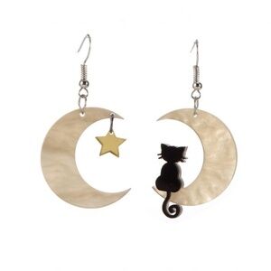 Black Cat Goldtone Crescent Moon Asymmetrical Drop Earrings